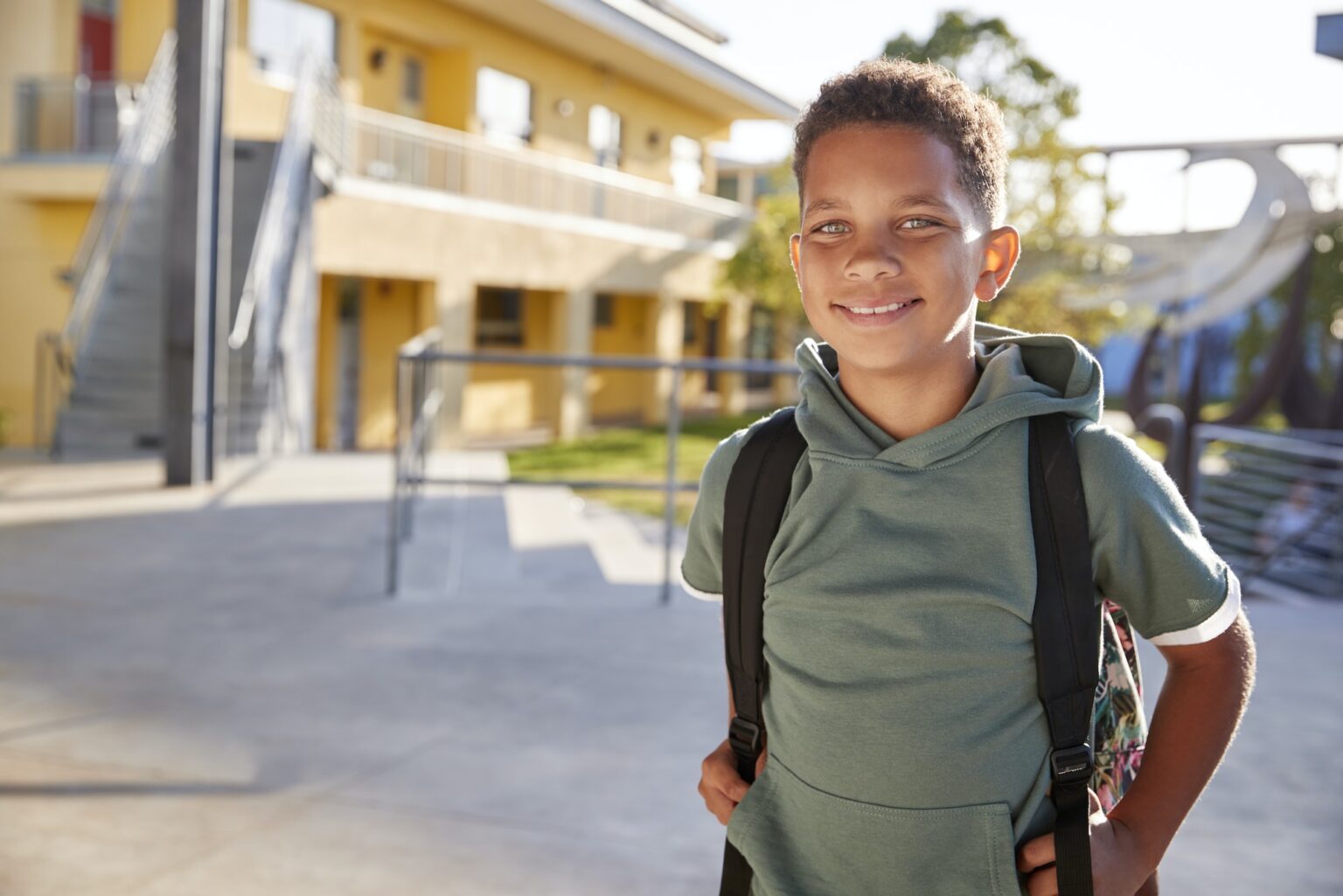 Portrait of smiling elementary school boy with his backpack